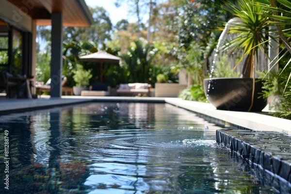 Fototapeta A pool featuring a central water feature creating a serene oasis, A peaceful oasis with the sound of water lapping against the pool edges