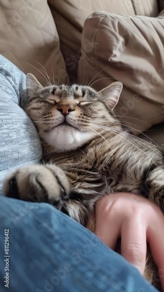 Fototapeta Unconditional Love: A Pet Cat Kneads Owner's Lap in Heartwarming Display of Affection