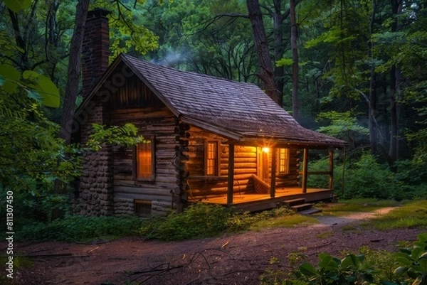 Fototapeta A log cabin glowing with light in a dark forest setting at nighttime, A rustic log cabin nestled in the woods