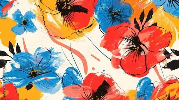 Obraz Abstract floral pattern with a dynamic brushstroke style in red, blue, yellow, and white tones.