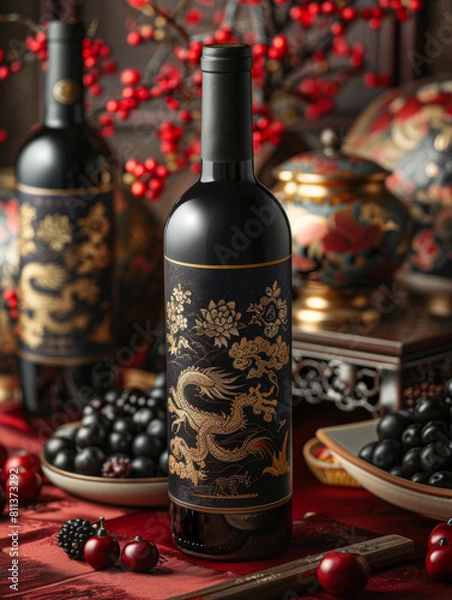 Fototapeta Promotional photo of a bottle of elite red wine with a Chinese dragon on a red background.