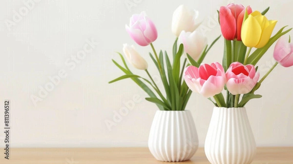 Fototapeta Three white ceramic vases filled with colorful tulips gracefully arranged on a wooden table, depicting simplicity and elegance.