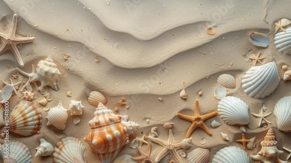 Fototapeta Sandy beach with seashells and starfish scattered around, creating a natural and textured background