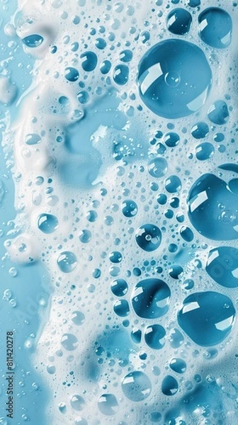 Fototapeta Soap foam with bubbles and water drops on a blue surface. Bright bubble soap foam in a touch of freshness and dynamism on a light blue background.