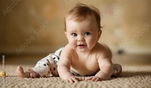 Fototapeta portrait of a baby lying on his stomach and smiling sweetly