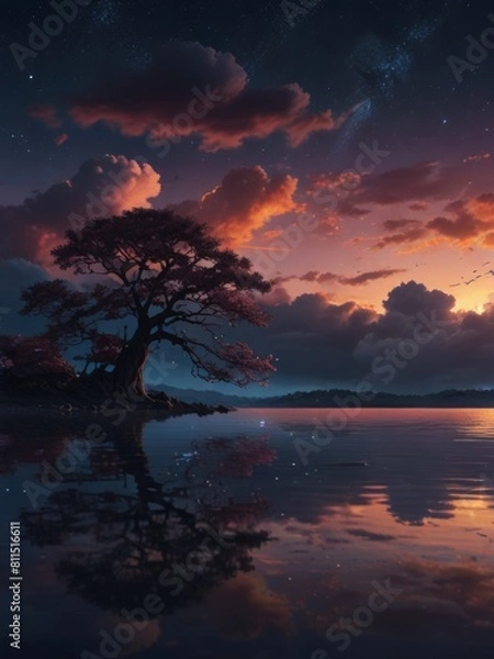 Fototapeta ultra wide angle of mystical sunset at lake