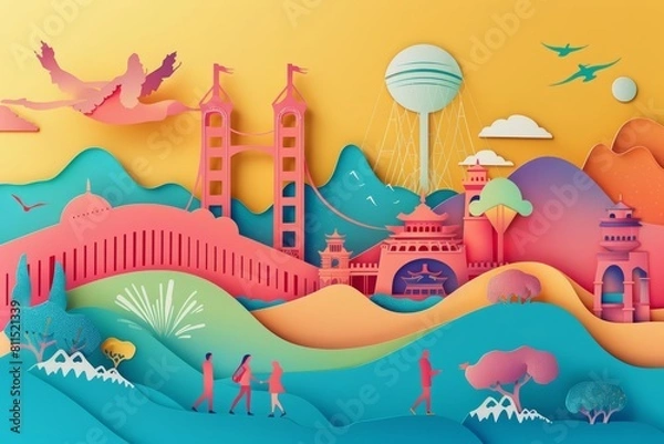 Fototapeta Paper cut cute design of mindfulness travel, illustrated in minimal styles, perfect as a colorful banner