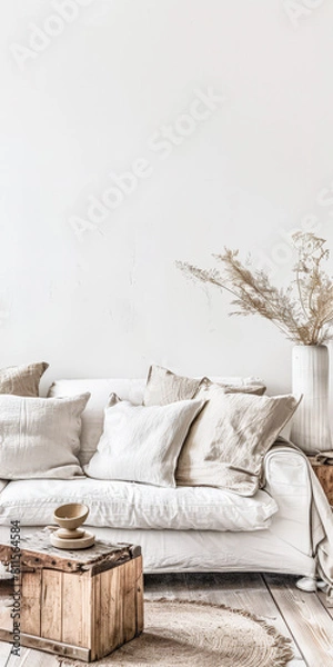 Fototapeta Minimalist interiors design with a sofa, natural elements decor and copyspace for text