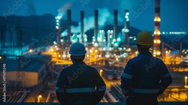 Fototapeta Two engineers looking at an oil refinery at night high voltage production plant Power plants, nuclear reactors, energy industries
