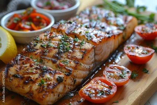 Fototapeta Fresh grilled salmon filet with herbs and sliced tomatoes on a rustic wooden serving board