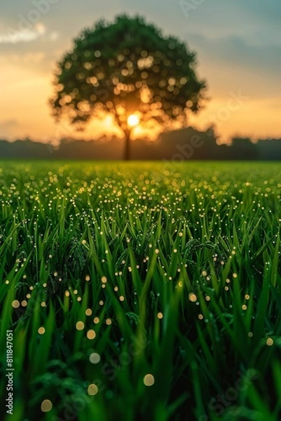 Fototapeta A tree in a field with dew drops on it.