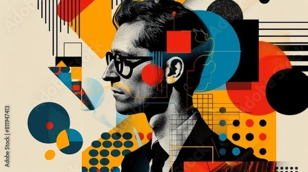 Fototapeta A man with glasses on his face and colorful abstract background.