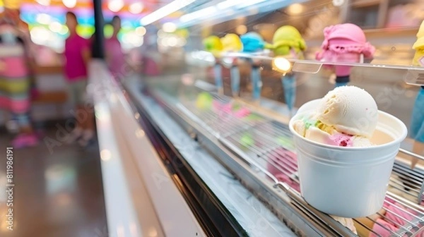 Fototapeta Assorted colorful ice cream scoops displayed in a chilled showcase at a festive market or retail shop