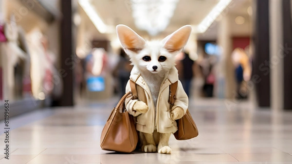 Fototapeta Fennec Fox walking in the mall carrying a handbag