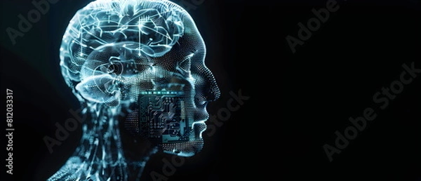 Fototapeta Half-frontal view of a normal human head made from Circuit board CPU chip with AI smart brain Overlay X-ray image of a human skull, Artificial intelligence of brain