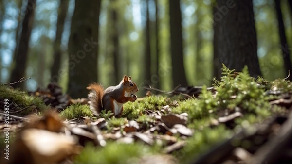 Fototapeta Forest garbage, squirrel looking for food in the garbage, environmental pollution, protecting the forest from garbage, ecology concept