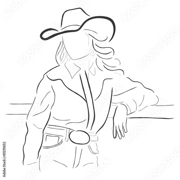 Fototapeta Hand drawn line art vector of Cowgirls with cowboy hats. American rodeo and wild west culture. Brave independent women as cowgirls concept.