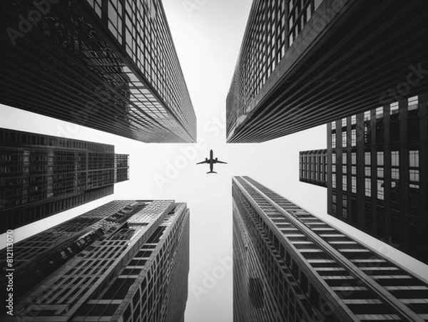 Fototapeta A striking black and white photograph capturing an airplane flying between towering skyscrapers, framed perfectly under a cloudless sky, emphasizing the scale and geometry of urban architecture.