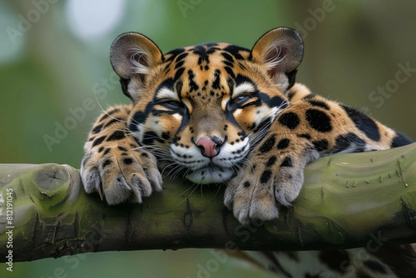 Fototapeta Heartwarming image of a young clouded leopard lounging on a tree branch, its eyes gently closed and paws dangling, set against a soft, blurred green background