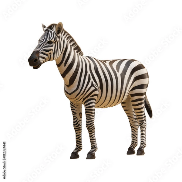 Fototapeta  Black and white striped zebra standing alone (isolated) on a white background