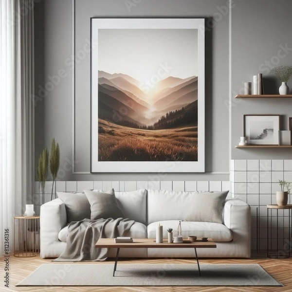 Fototapeta A living room with a template mockup poster empty white and with a couch and a picture on the wall standardscalex image art harmony used for printing.