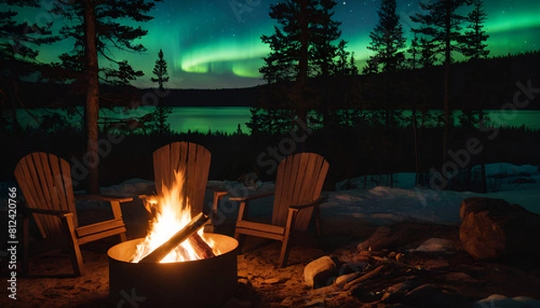 Fototapeta campfire with northern lights in background