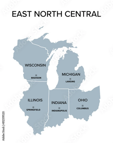 Fototapeta East North Central states, gray political map with borders and capitals. United States Census division of the Midwest region, consisting of the states Illinois, Indiana, Michigan, Ohio, and Wisconsin.