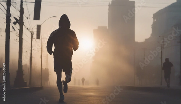 Obraz Silhouette of muscular man going for a run in shorts and hoodie at misty sunrise in the city center
