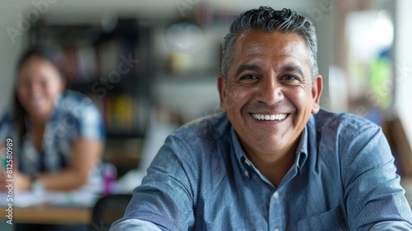 Obraz Smiling man in blue shirt sitting at desk looking at camera with blurred background of office environment.