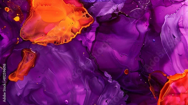 Fototapeta Deep purple and bright orange alcohol ink background, with high-quality oil paint textures.