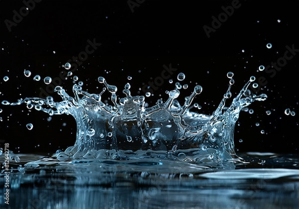 Fototapeta Suspended droplets and delicate tendrils of water frozen mid-splash, starkly contrasted against a pure black backdrop