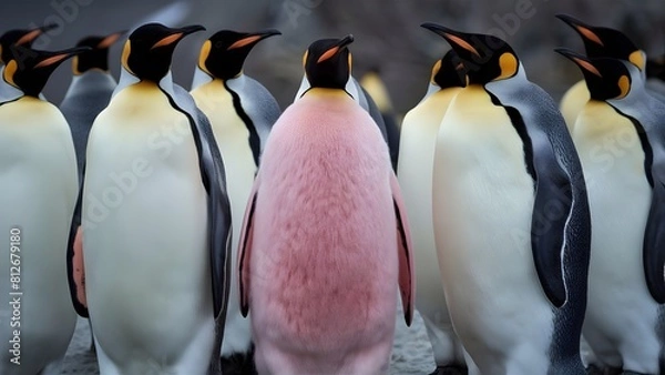 Fototapeta Standing out from the crowd with pink pinguin between penguins, penguins , penguins in group