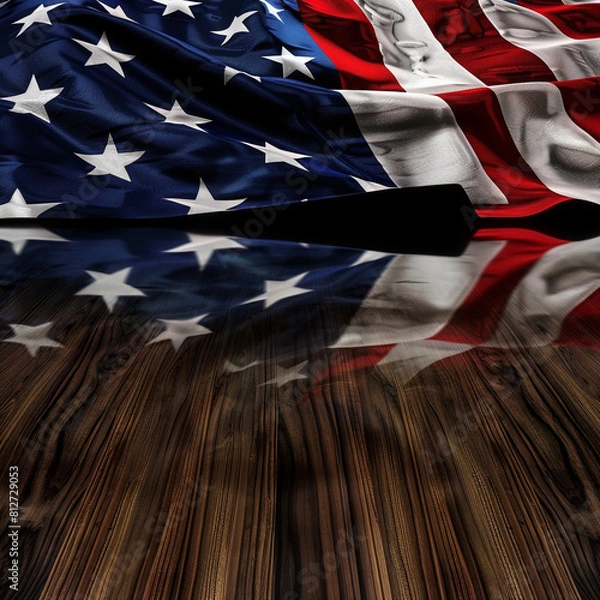 Fototapeta Dark oak backdrop showcasing a reflective USA flag, mirror effect. Republic  Day