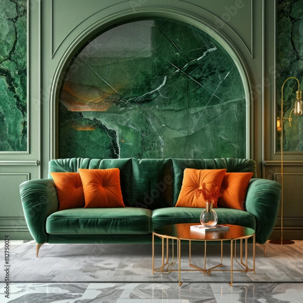 Fototapeta Green velvet sofa with orange pillows against green marble paneling wall. Art deco style interior design of modern living room, home.