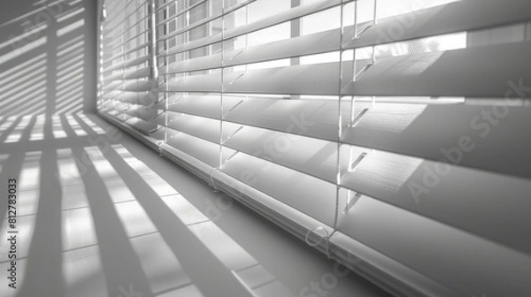 Fototapeta Bright afternoon sun casts sharp shadows through white venetian blinds.