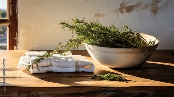 Fototapeta wooden table adorned with a simple white ceramic bowl 