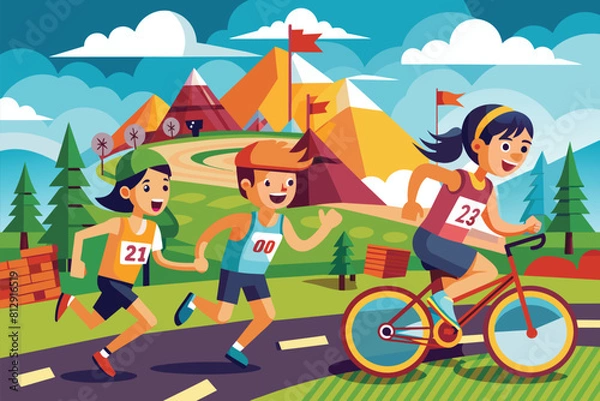 Fototapeta A group of people engaged in running and jogging on a road, Cross country race Customizable Cartoon Illustration