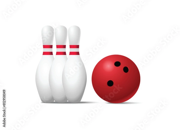 Fototapeta Bowling ball game with three pins. Illustration of bowling on white background. stock illustration