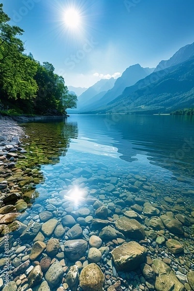 Fototapeta Serene Lake Scenery with Majestic Mountain Backdrop