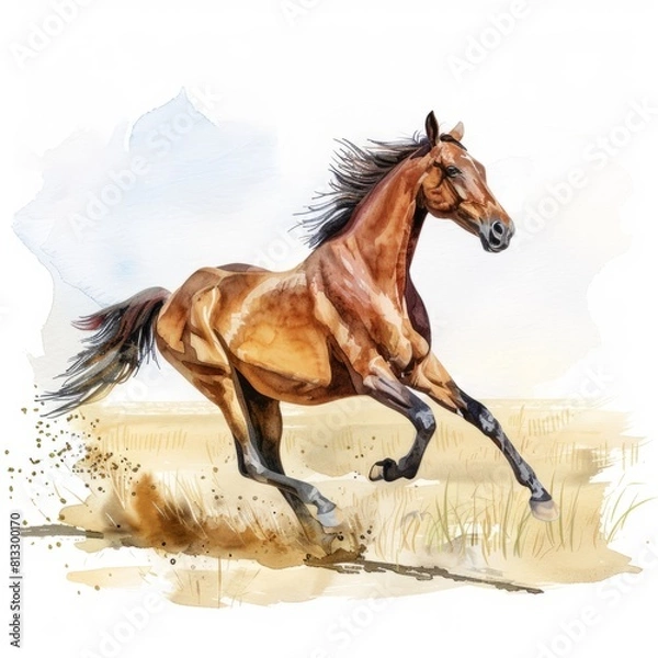 Fototapeta Watercolor painting of a beautiful Arabian horse galloping across a sandy desert oasis, on isolated white background, Generative AI