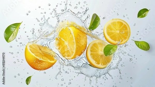 Fototapeta Savoring Summer: Lemon Splash Isolated with Water and Leaves