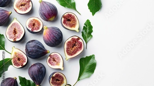 Obraz Fresh mature figs with foliage on a blank backdrop.