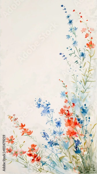 Fototapeta Summer wallpaper with copy space. Artistic minimalist painting of weeds flowers with plain background.  