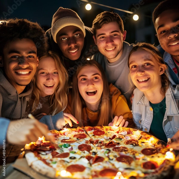 Fototapeta Smiling, group of young friends at outdoor pub table sharing large pepperoni pizza. Festive males and females have fun enjoying each other's company