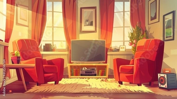 Fototapeta Morning living room with TV in modern home Vector cartoon illustration of home interior decoration.