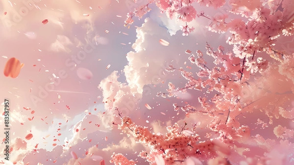 Fototapeta abstract cherry blossom storm in the sky, with a pink and white tree in the foreground