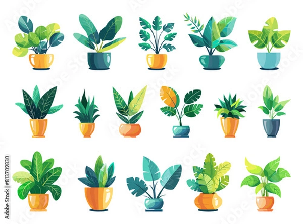 Fototapeta Cartoon Flowerpots Icon Set. Isolated Vector Illustrations on White Background. Simple Flat Style Icons of Plant Pots and Flower Containers. Decorative Home Decor Accessories