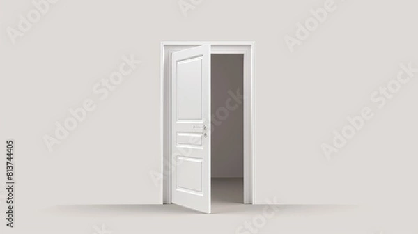 Fototapeta Open and close a white house door frame in 3D. Realistic animated front doorway of a business office. Closed welcome gate. Shut entrance to apartment for animation.