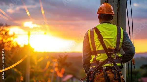 Obraz Construction Worker Overlooking Sunset at Worksite