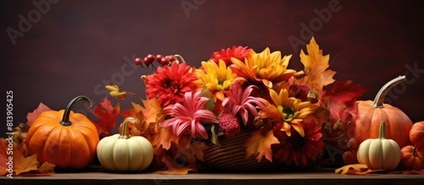 Fototapeta An autumn themed bouquet for Thanksgiving featuring pumpkins and leaves in a copy space image